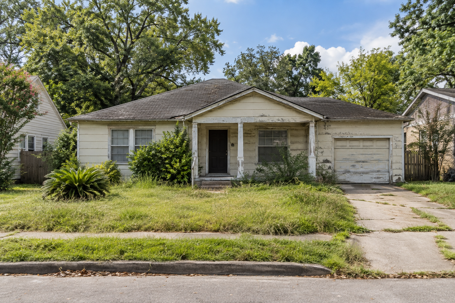 Illustrative image of an older home needing repairs, with peeling paint and an overgrown yard